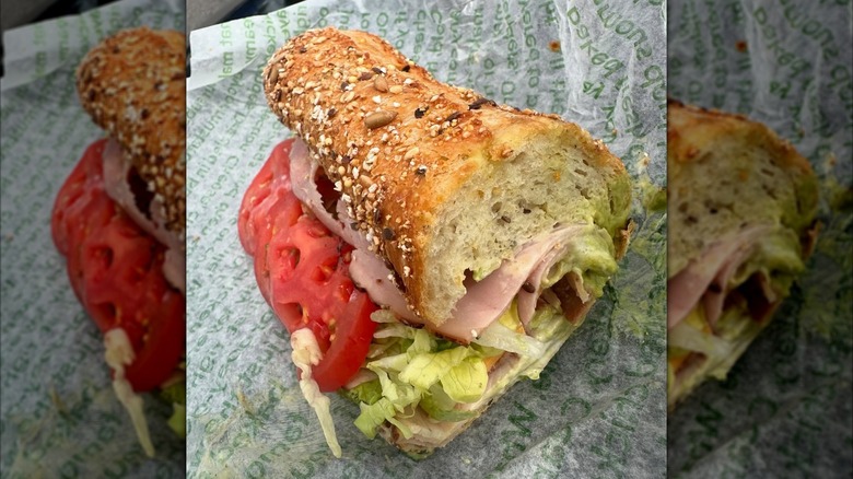 Closeup of Publix deli sub on branded wrapper