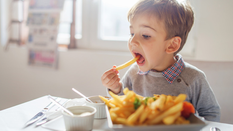 Small boy eating homemade french fries.