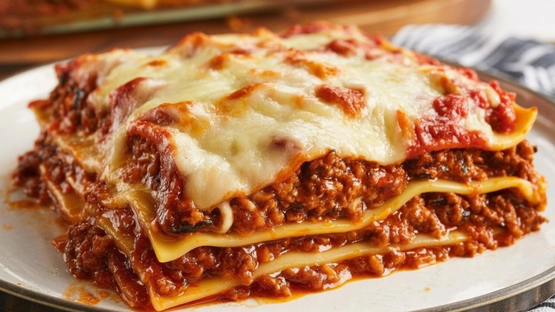 cheesy lasagna sitting on plate
