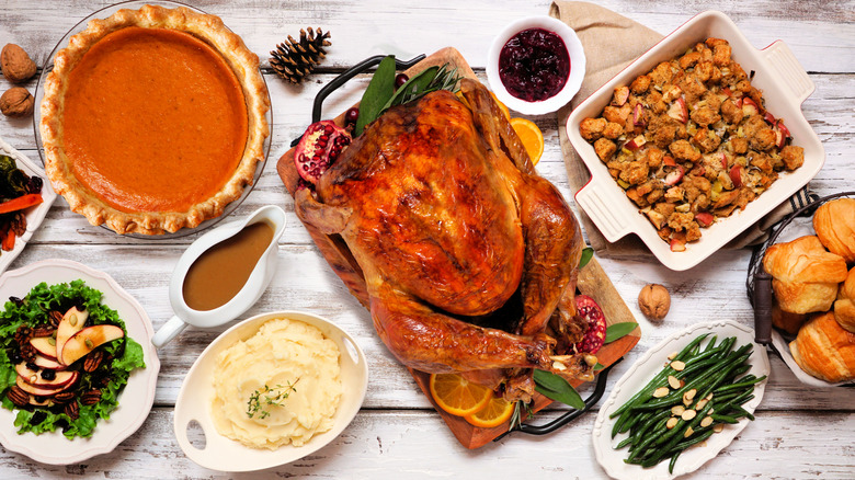 Thanksgiving turkey, pie, and side dishes. 