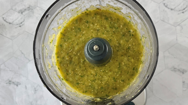 blended tomatoes, onions, garlic, cilantro in food processor