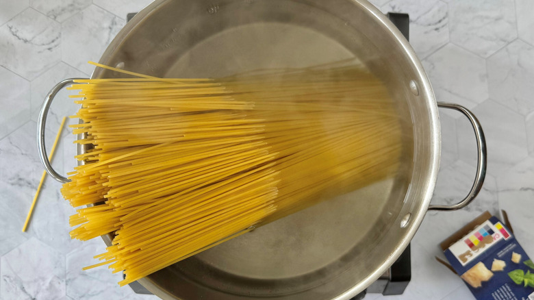 spaghetti in pot with water