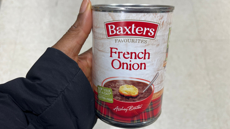 Person holding a can of French onion soup