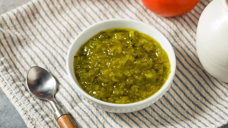 sweet relish in a bowl with spoon