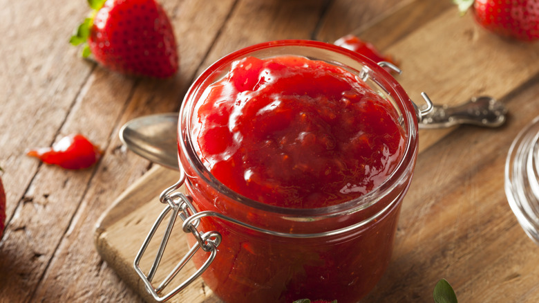 Home-made strawberry jam in a glass jar