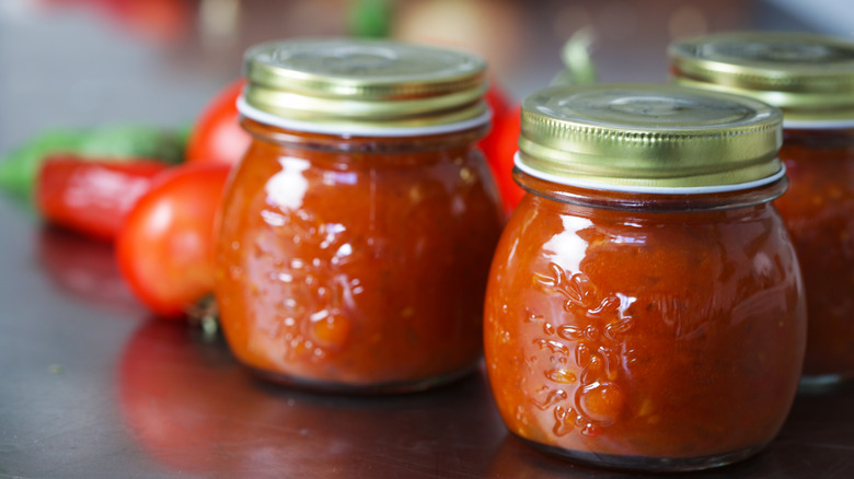 Home-made tomato relish in sealed jars