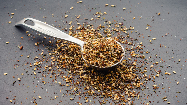 Za'atar spice blend in a measuring spoon