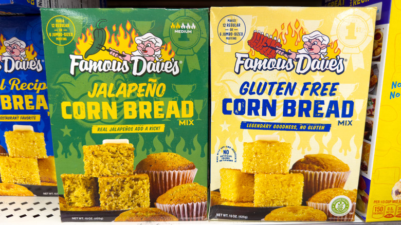 Boxes of Famous Dave's Jalapeño and Gluten Free cornbread mixes on a supermarket shelf