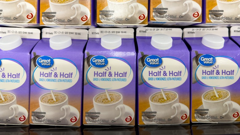 Cartons of Great Value half and half on display at store.
