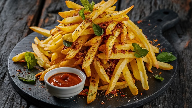 stack of french fries with a ramekin of tomato ketchup