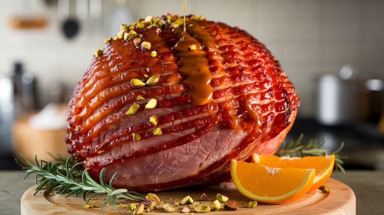 Maple glazed baked ham with orange wedges.