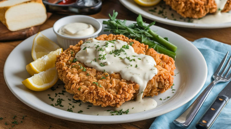 A chicken fried steak with gravy on a white plate