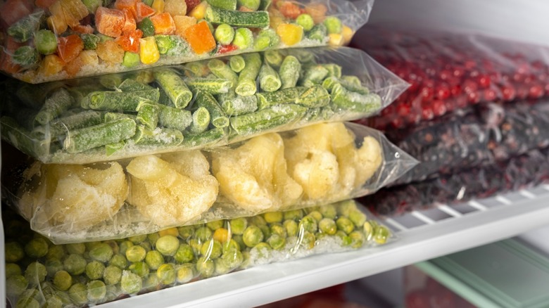 frozen produce on a freezer shelf