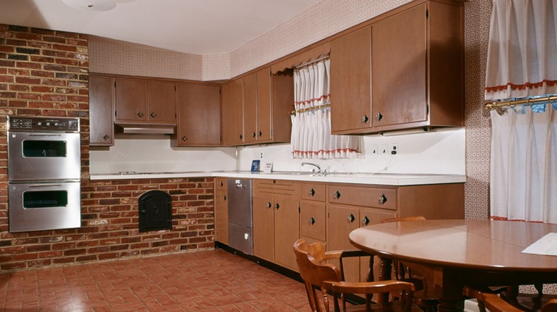 vintage kitchen with faux wood cabinets