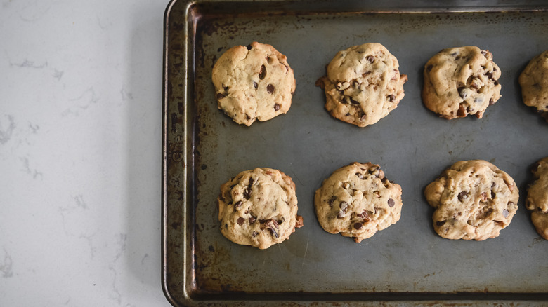 a pan of chocolate chip cookies