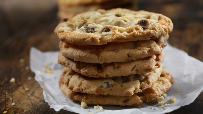 chocolate chip cookies stacked