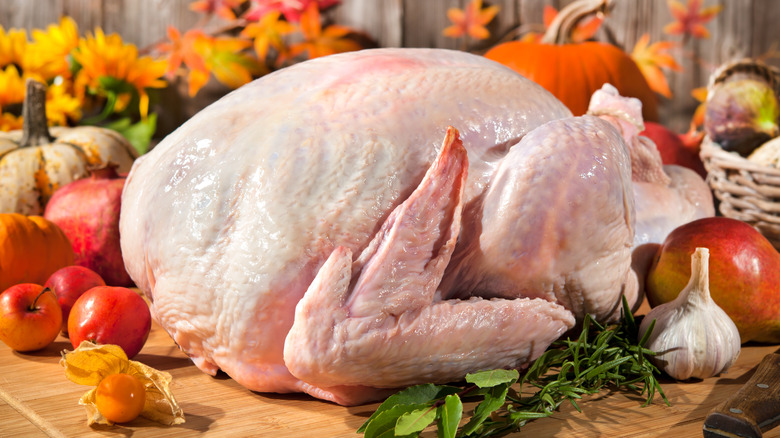 Raw turkey on kitchen counter