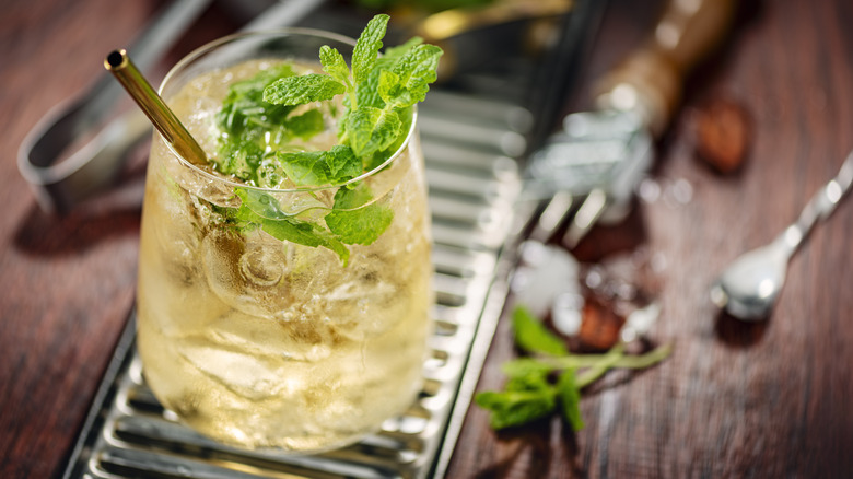 mint julep in a short, clear glass, garnished with a sprig of mint and a gold straw