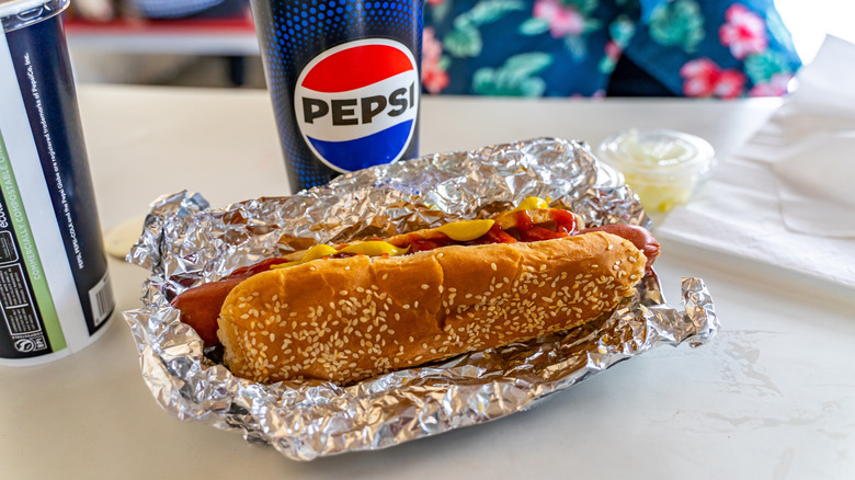 Costco hot dog and soda combo on table