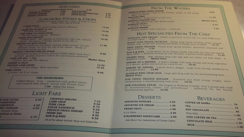 Closeup of 1980s-era LongHorn Steakhouse menu