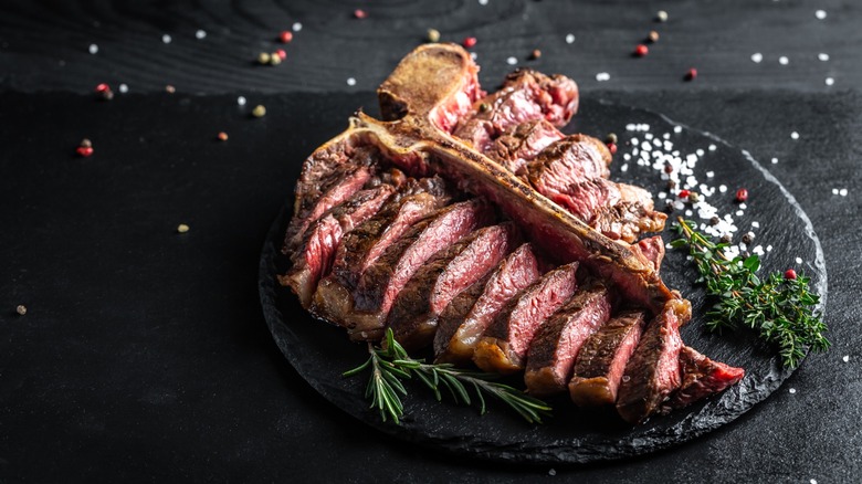 t-bone steak cut into strips