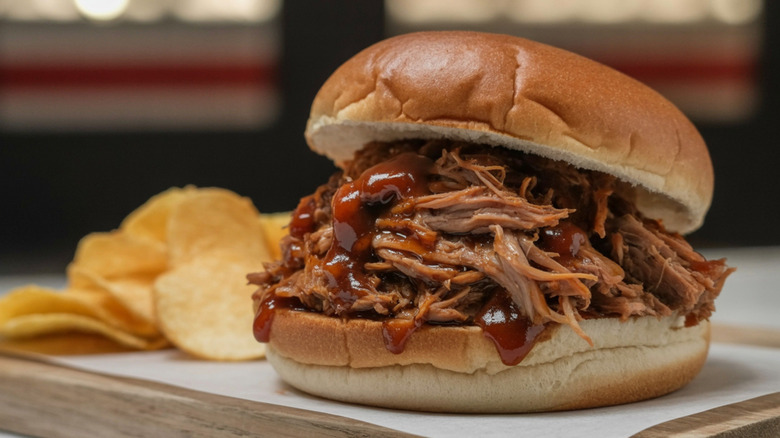 Closeup of a pulled pork sandwich