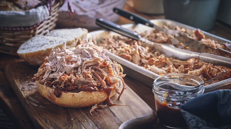Pulled pork on bun with slaw topping