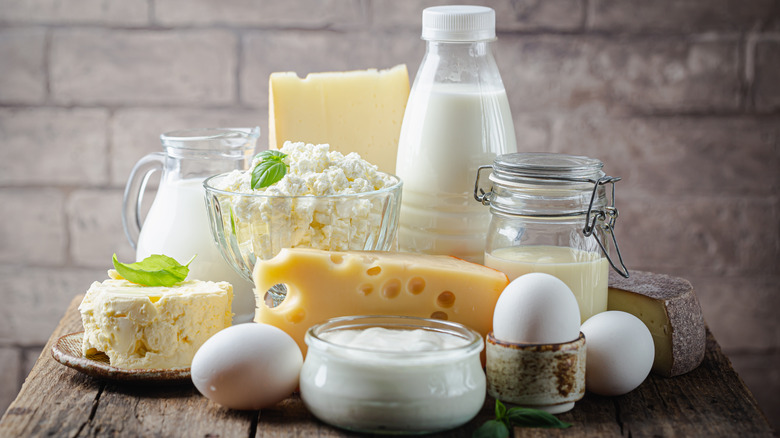 Cheeses and milks with eggs on table