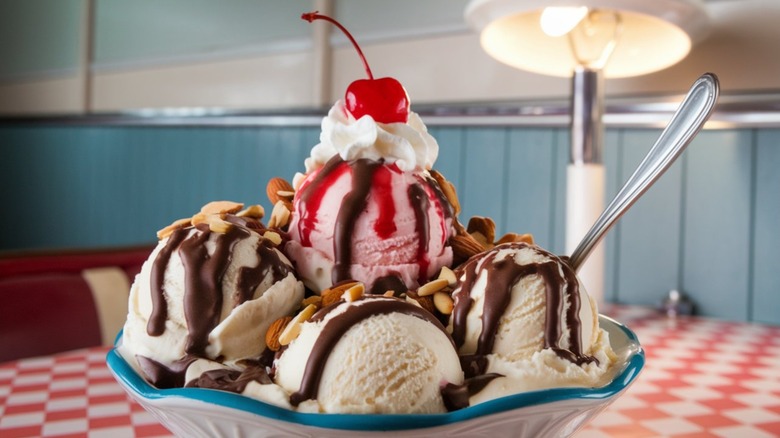 large ice cream sundae with spoon