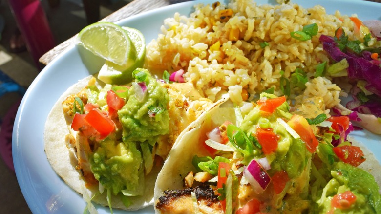 fresh fish tacos with rice and veggies