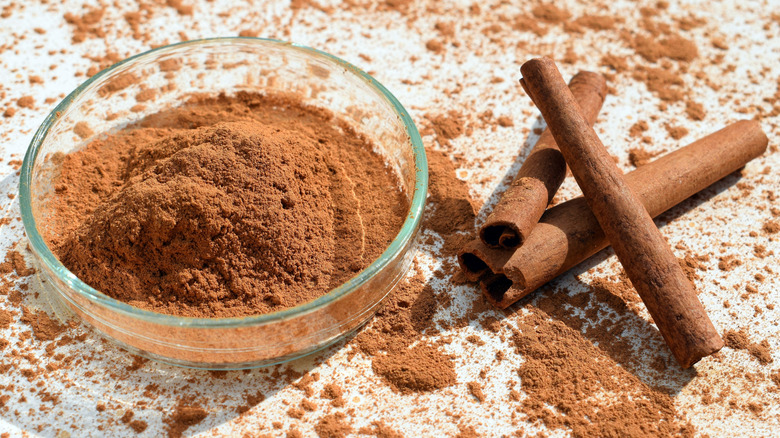 Cinnamon powder in a glass dish and cinnamon sticks