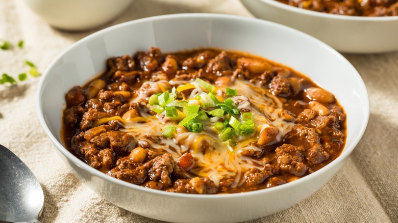 generous bowl of ground turkey chili with beans