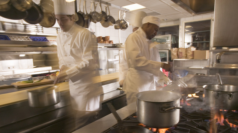 two chefs cooking in restaurant kitchen
