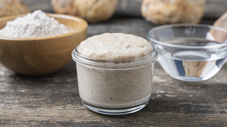A bubbly sourdough starter between a wooden bowl of flour and a glass bowl of water