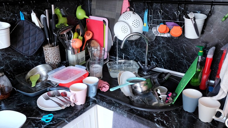 Kitchen counters cluttered with various items