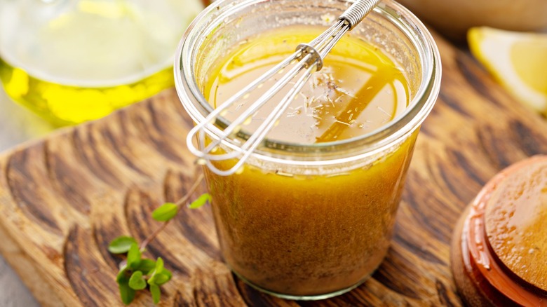 emulsified vinaigrette salad dressing with whisk