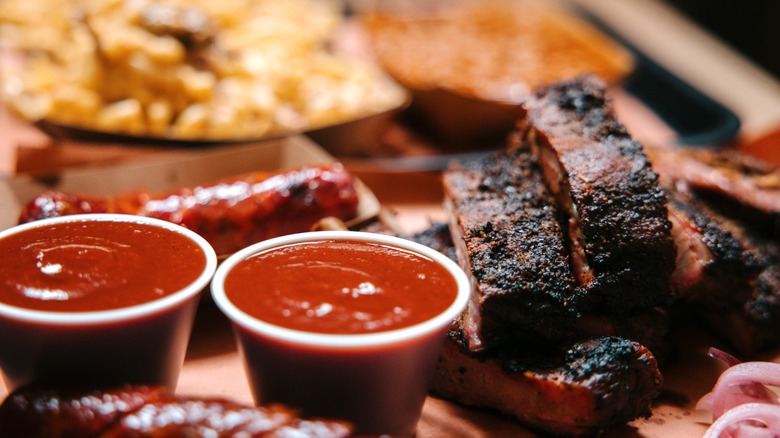 meat with bbq sauce on platter