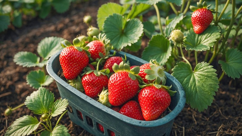 Harvested strawberries in plastic container near strawberry plant