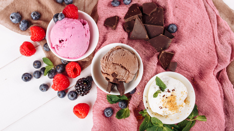 Strawberry, vanilla, and chocolate ice creams.