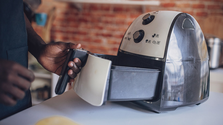 Closeup of person's hands opening air fryer basket