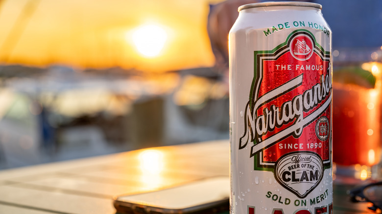 Can of Narragansett Beer with summer sunset background.
