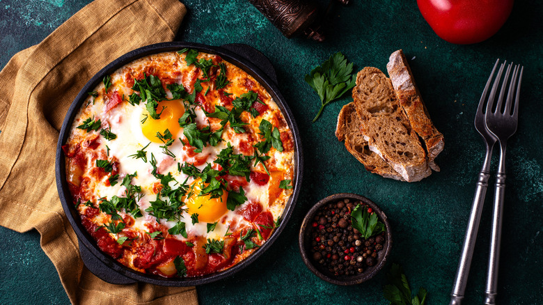 Traditional shakshuka overhead shot with bread