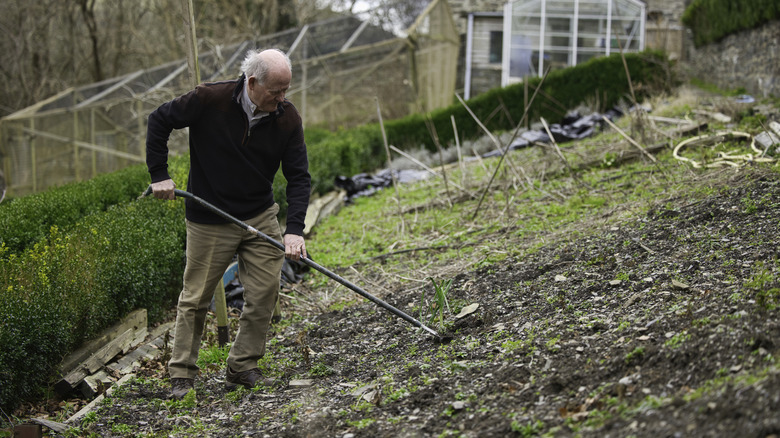 Man working in a sloping garden