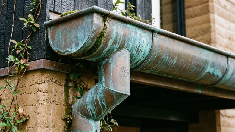 Close-up of copper gutter downspout