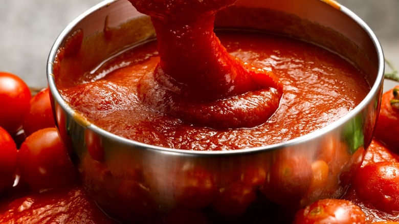 tomato sauce in bowl surrounded by tomatoes