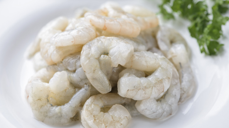 cleaned and prepped raw shimp on white dish
