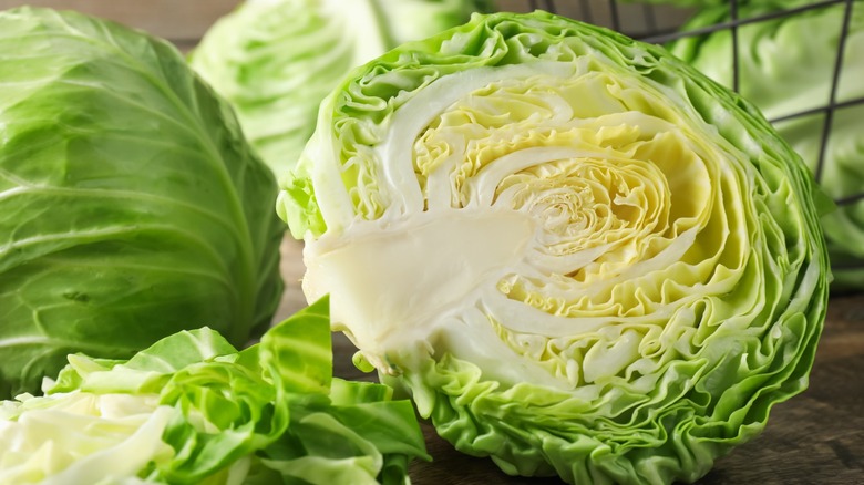 fresh green cabbage cut in half and whole