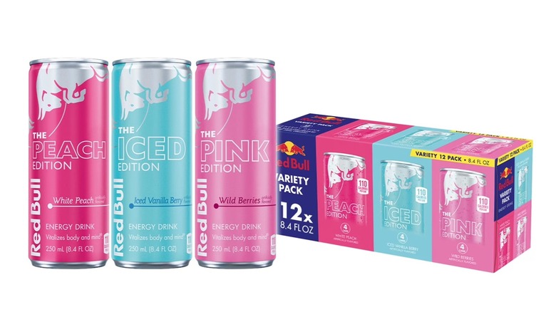 three varieties of red bull energy drinks in case