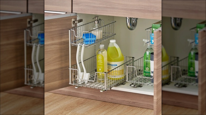 under-sink organizer with cleaning supplies