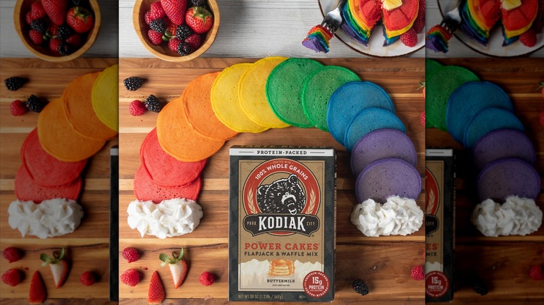 kodiak cake pancakes arranged in rainbow